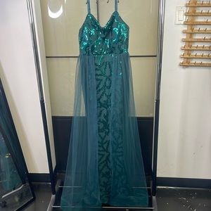 Forest green sequin dress with shear train